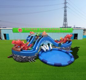 Pool2-729 Динозавр раздувной парк юрского периода с горкой и бассейном
