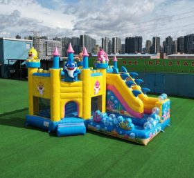 T2-8772 Надувной батут в стиле Baby Shark с горкой и бассейном